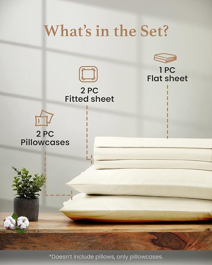 Good Sleep Bedding Split King Sheets Sets for Adjustable Bed Cotton, Luxury Sheets, Egyptian Cotton, 5 Piece Cotton Split King Sheet Set, Sateen Sheets, 2 Fitted - 16" Deep Pocket, Ivory GoodSleepBedding