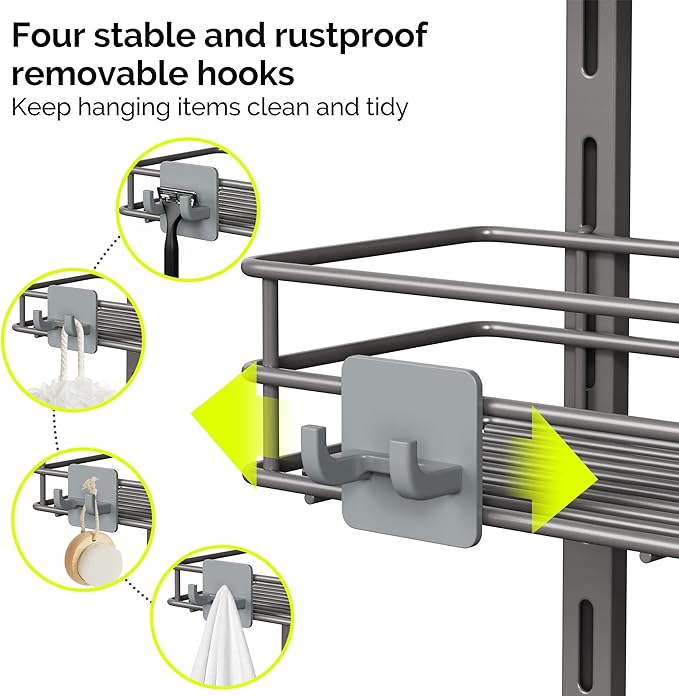 Orimade Over The Door Shower Caddy Adjustable 4 Tier Dark Grey,Bathroom Hanging Organizer Shelf Rustproof with 4 Hooks,Shower Basket with Soap Holder and Suction Cup