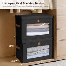 Collapsible Storage Bins - Large Stackable Organizer Bins, Decorative Boxes with Handles & Window, Fabric Containers for Living Room, Closet, Dorm, 6 Pack, Black