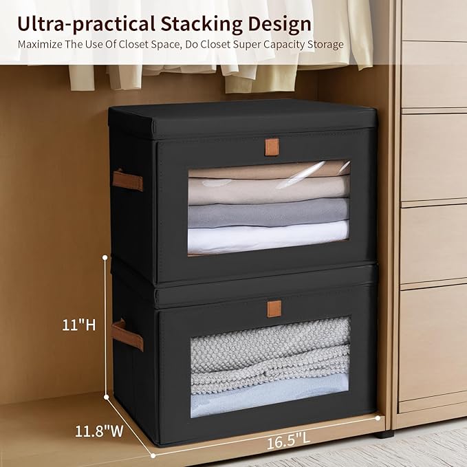 Collapsible Storage Bins - Large Stackable Organizer Bins, Decorative Boxes with Handles & Window, Fabric Containers for Living Room, Closet, Dorm, 6 Pack, Black