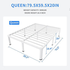 MAF 20 Inch Queen Size Bed Frame White with Round Corner Legs Mattress Slide Stopper No Box Spring Needed Heavy Duty Metal Platform Bed Frames Under-Bed Storage Space, 3000 LBS Steel Slats Support