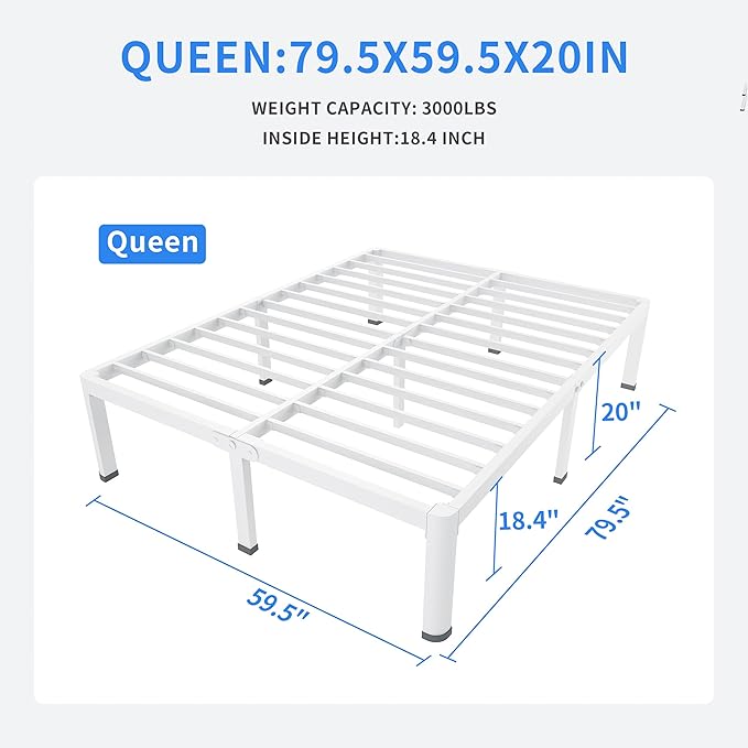MAF 20 Inch Queen Size Bed Frame White with Round Corner Legs Mattress Slide Stopper No Box Spring Needed Heavy Duty Metal Platform Bed Frames Under-Bed Storage Space, 3000 LBS Steel Slats Support
