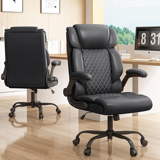 Office Chair, Ergonomic Big and Tall Executive Desk Chair, Breathable Leather Chair with Adjustable Flip-up Armrests, Lumbar Support Swivel Computer Chair with Rocking Function(Black)