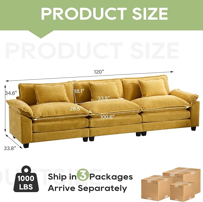 120" Modular Sectional Sofa, Comfy Cloud Couch Sectional Sofa, Chenille Sofa Sleeper Deep Seat Sofa with Throw Pillows for Living Room (Yellow, 120"- 3 Seater)
