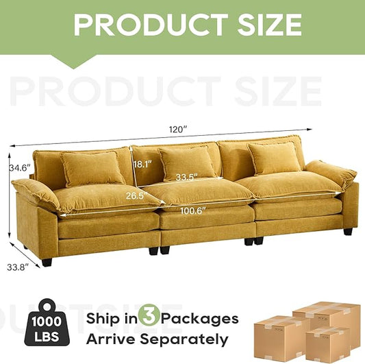 120" Modular Sectional Sofa, Comfy Cloud Couch Sectional Sofa, Chenille Sofa Sleeper Deep Seat Sofa with Throw Pillows for Living Room (Yellow, 120"- 3 Seater)