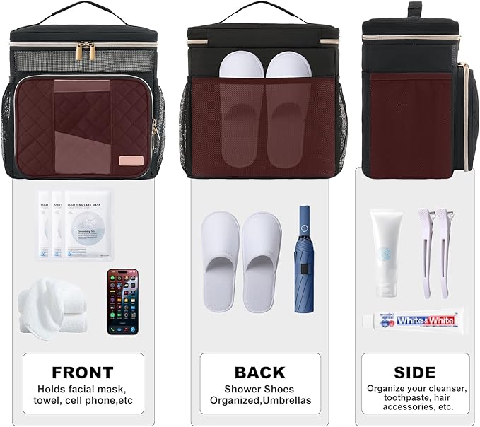 Portable Shower Caddy (Full Size Bottle Compatible),Travel Shower Tote Bag with Quick Dry Mesh Base,Hanging Toiletry Cosmetic Bag for Gym,College,Camping & Dorm, Black