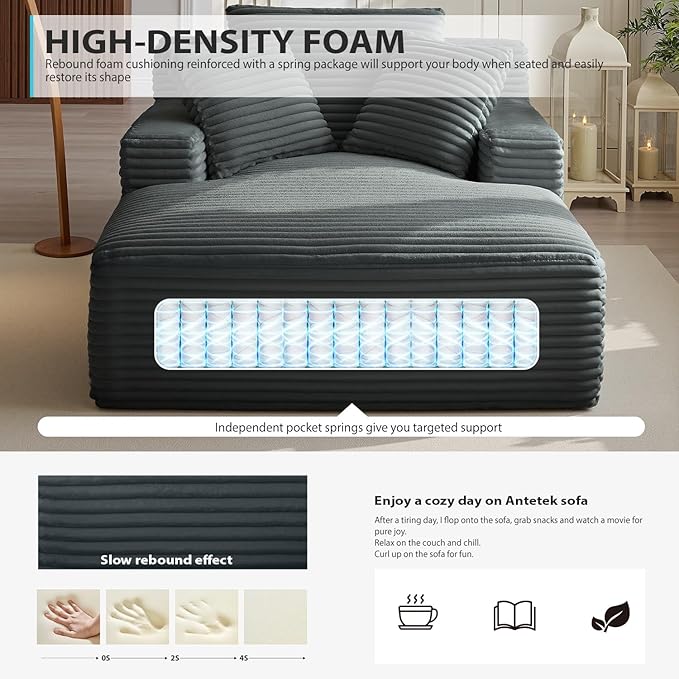 67 Inch Chaise Lounge Chair Indoor, Oversized Corduroy Upholstered Boneless Sofa Bed, Deep Seat Sleeper Couch Reading Chairs, Cloud Sofas Couches for Living Room, No Assembly Required (Dark Grey)