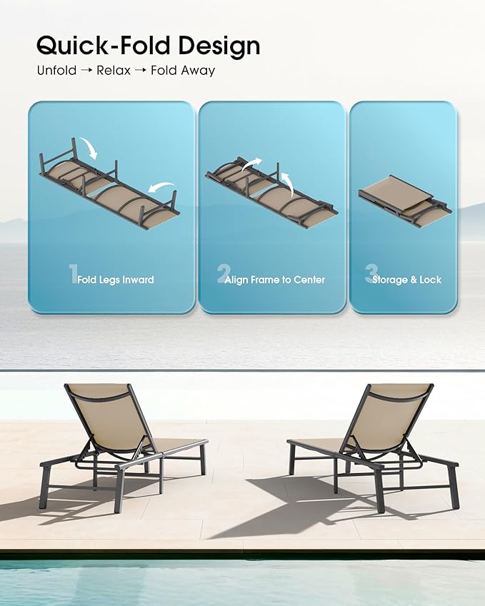 Ciokea Aluminum Outdoor Lounge Chair Set of 2- No Assembly Needed, Foldable Patio Chaise Lounge with 5 Adjustable Positions, Reinforced Frame for Extra Durability, Pool Beach Lounge Chair, Khaki