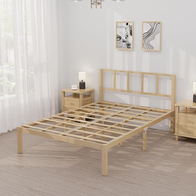 14 Inch Bamboo Bed Frame – Solid Wood Platform Bed Frame, Strong and Stable, with Non-Slip Slats for Support, No Box Spring Needed, Easy to Assemble, Noise-Free (Natural, Full with Headboard)