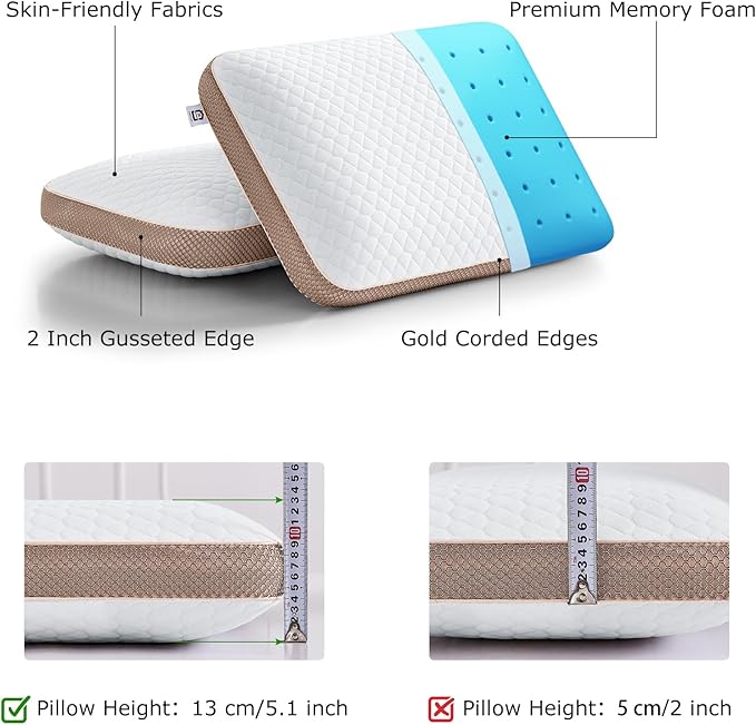 Memory Foam Pillows Standard Size Set of 2, Medium Firm Pillow for Sleeping, Orthopedic Bed Pillow for Side, Back Sleepers, Ventilated Gel Foam Pillow with Washable Cover, 23.6" x 15.7"x 5.1"