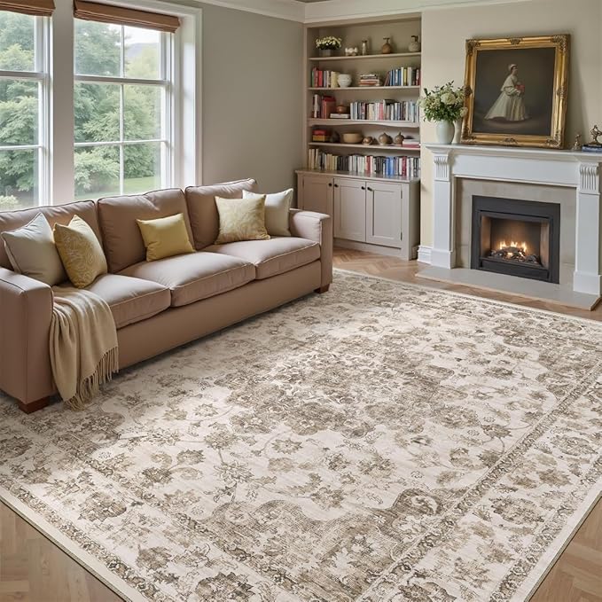 10x12 Neutral Area Rug Brown Vintage Living Room Bedroom Washable Carpet Non-Slip Soft Low Pile Floral Indoor Large Throw Rug for Dining Room Office