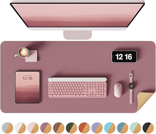 YSAGi Double-Sided Desk Pad, 31.5"x15.7"Leather Desk Mat, Eco Cork Desk Pad Protector,Large Mouse Pad,Waterproof Desk Blotter for Office/Home(Dark Pink)