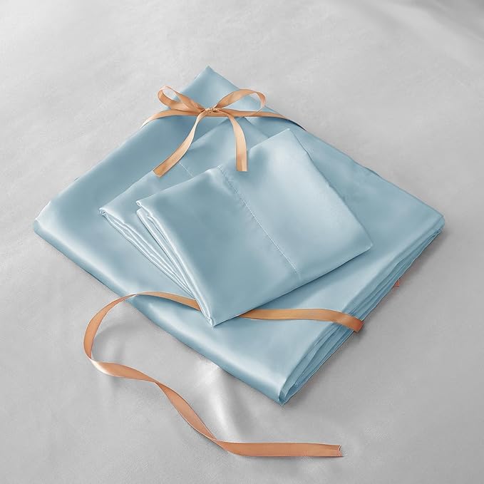 BEDELITE Satin Sheets Twin XL Size Bed Set, Luxury Soft Light Blue Silky Sheets for Hair and Skin, Similar to Silk Bed Sheets Set 3 Pieces （1 Deep Pocket Fitted Sheet, 1 Flat Sheet, and 1 Pillowcase）