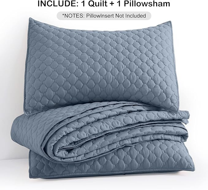 HORIMOTE HOME Quilt Twin Size Dusty Blue, Lightweight Quilt for Summer Ultra-Soft Microfiber Modern Style Quilted Clouds Pattern Bedspread Quit Set 2 Pieces (1 Quilt and 1 Pillow Sham)