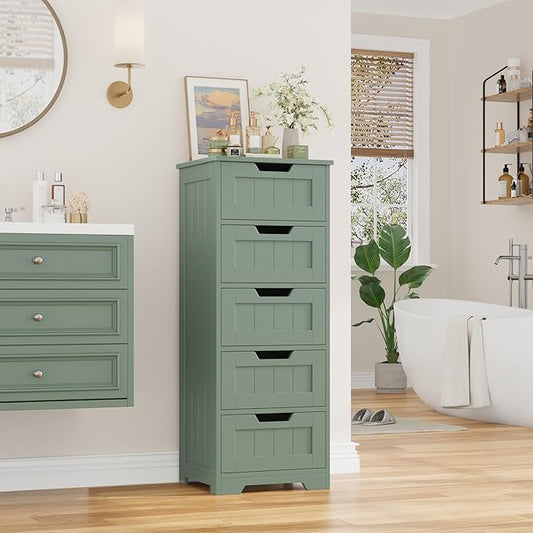 FOTOSOK Bathroom Cabinet, Bathroom Storage Cabinet with 5 Drawers, Wooden Storage Cabinets with Cut-Out Handles, 11.8” x 15.7” x 40.1” Bathrooms Floor Cabinets for Hallway/Living Room, Green