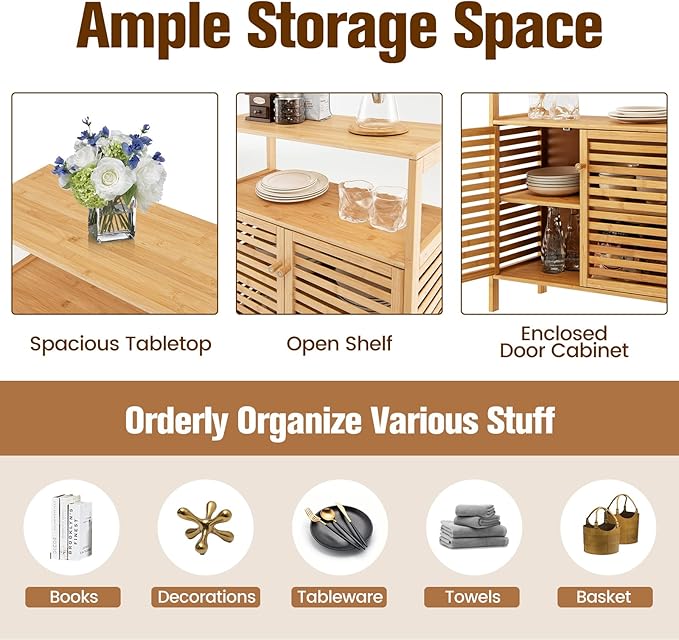 COSTWAY Bamboo Bathroom Cabinet, Freestanding Storage Cabinet Organizer with Louver Doors & Removable Shelf, Bathroom Floor Cabinet for Living Room, Kitchen, Entryway, Natural