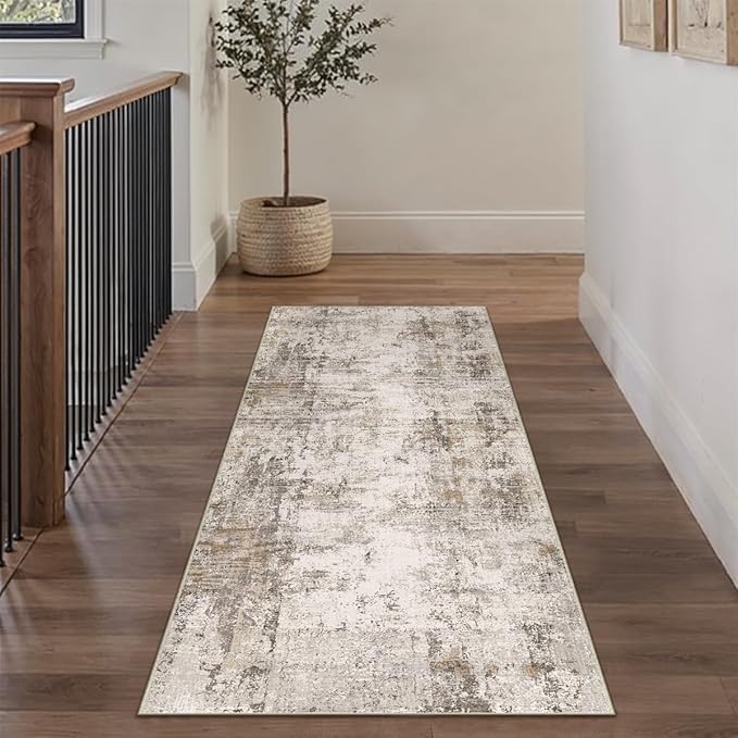 2x5 Washable Runner Rug Brown Grey Abstract Hallway Kitchen Throw Rug Neutral Modern Non Slip Soft Low Pile Carpet for Bathroom Laundry Bedroom Living Room