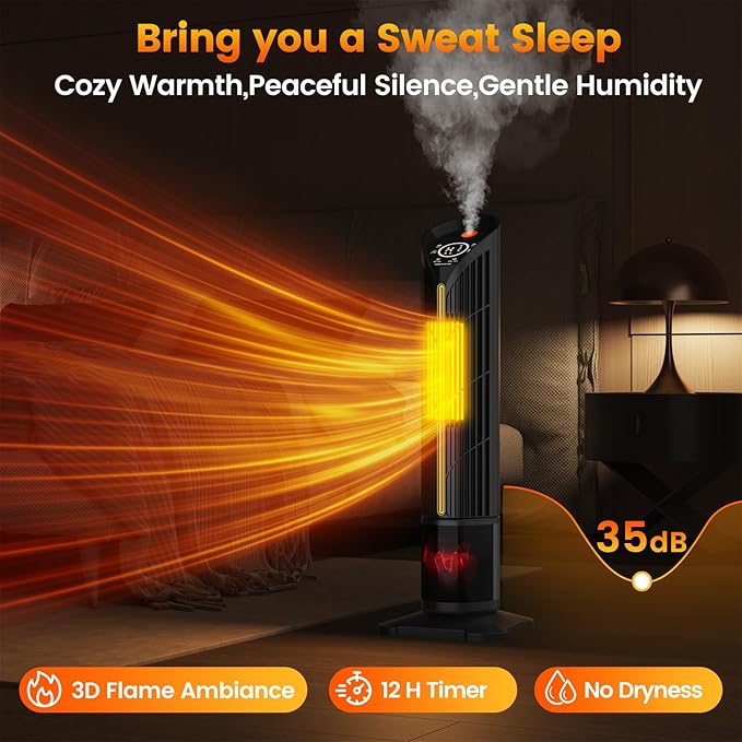 Auertech Space Heater with Humidifier & LED Light, 3 in 1 Portable Electric Heater with 3D Flame, Oscillating Room Heaters with Eco Mode, 28.5" Tower Heaters for Indoor Use Large Room, Office, Bedroom