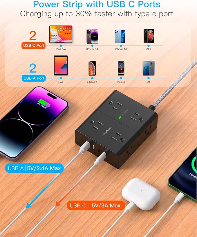 Surge Protector Power Strip 15 Ft Cord, Ultra Thin Flat Extension Cord with 8 Outlets 4 USB Ports(2 USB C), Flat Plug Power Strip, 15 Ft Long Braided Power Cord for Home, Office, Dorm Essentials - BK