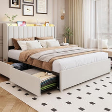 Queen Bed Frame with 4 Drawers and Storage Headboard, Upholstered Platform Bed Frame Queen Size with Led Lights and Handy Charging Station, No Box Spring Needed, Easy Assembly, Noise Free, Beige