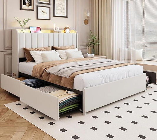 Queen Bed Frame with 4 Drawers and Storage Headboard, Upholstered Platform Bed Frame Queen Size with Led Lights and Handy Charging Station, No Box Spring Needed, Easy Assembly, Noise Free, Beige