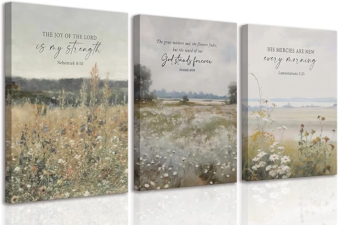3Pcs Framed Bible Verse Wall Art Christian Floral Landscape Scripture Prints Decor Inspirational Religious Canvas Artwork Farmhouse Botanical Faith Quotes for Living Room Bedroom Church 12"x16"