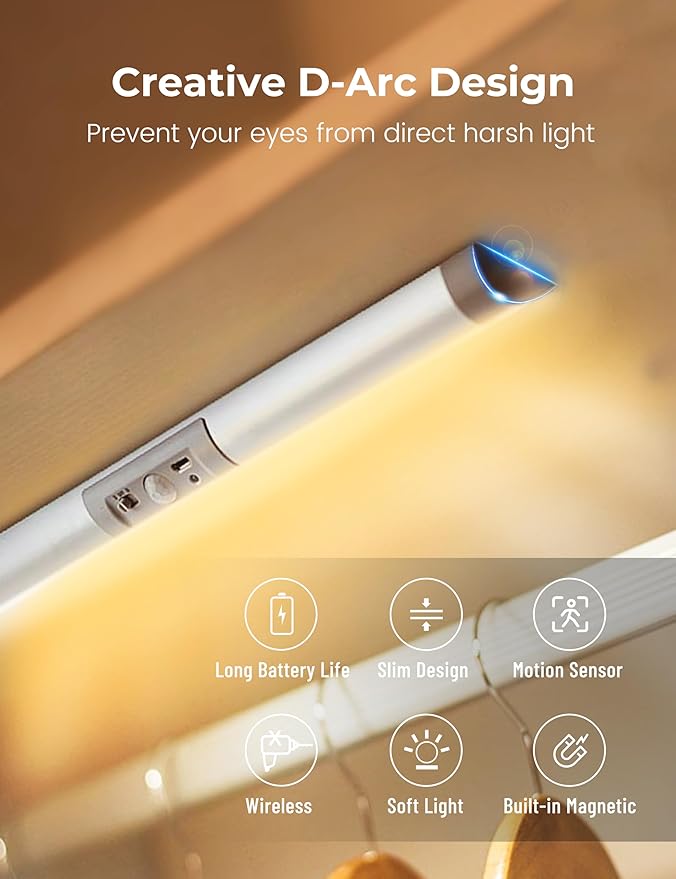 Joyzy Automatic Motion Sensor Closet Lighting with Eye-Protection Design, LED Closet Lights for Under Cabinet Wireless Light, Rechargeable Wardrobe Pantry Lights (2pack with Warm Lighting)