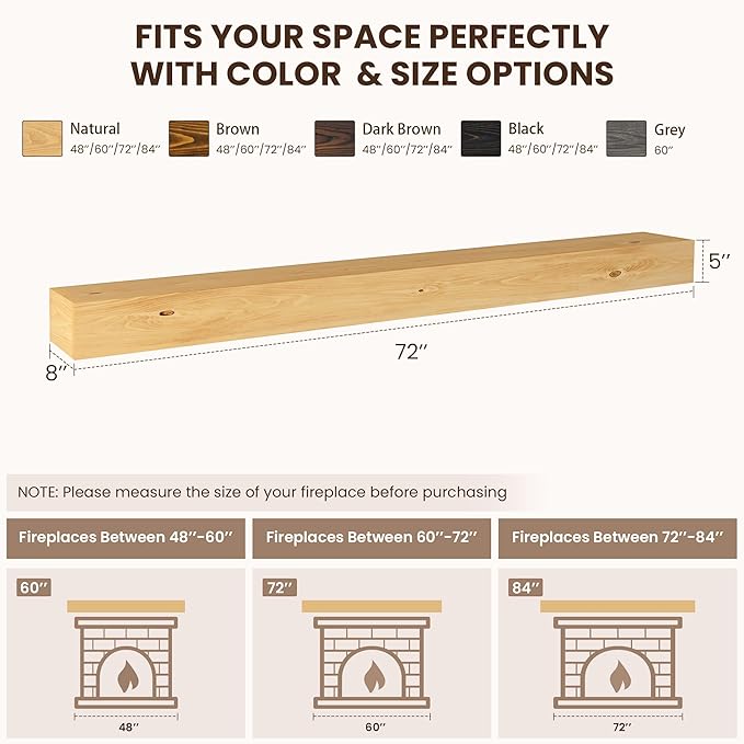 Dreamland 72 X 8 X 5 Fireplace Mantel - Solid Rustic Wood Wall Mounted Floating Shelf - Handcrafted Wood Fireplace Mantels - Floating Fireplace Mantel - Natural
