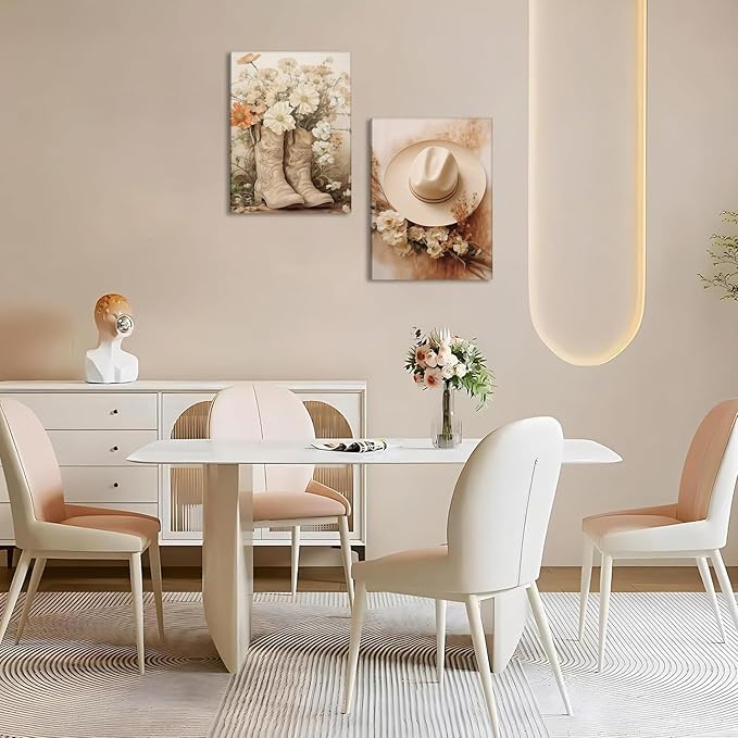 Floral Cowgirl Boots Canvas Wall Art Set of 2, Cowboy Hat with Flower Wall Decor Paintings, Trendy Preppy Western Aesthetic Prints Pictures, for Girls Bedroom Living Room Dorm 12x16 inch Framed