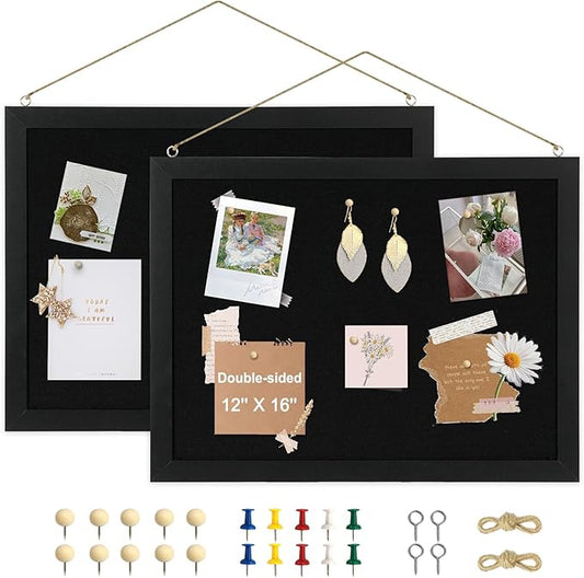 2-Pack Double-sided Black Cork Board with Linen, 16" x 12" Hanging Wood Framed Small Bulletin Board, Picture Display Vision Board Kit Corkboards for Wall Room School Office Decor, 20 Pushpins