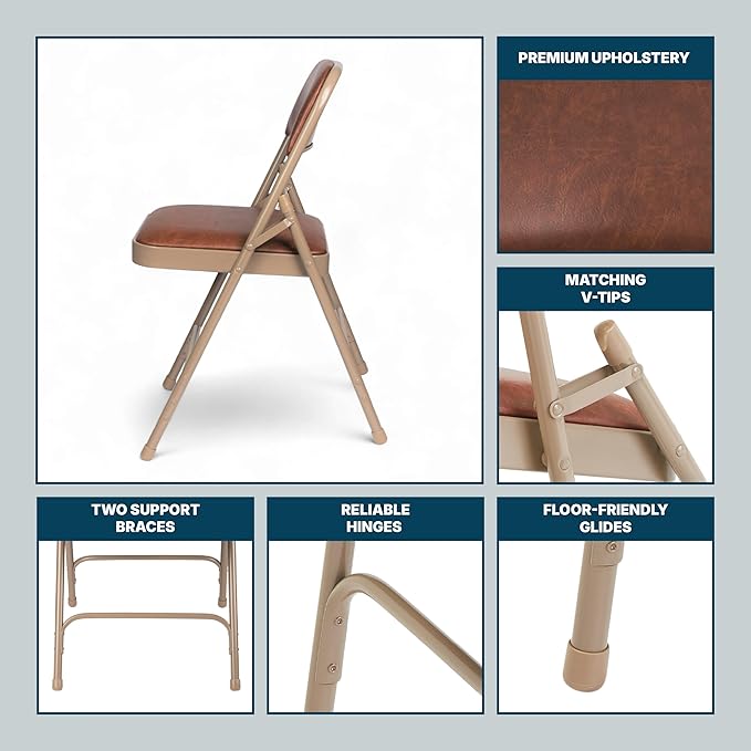 OEF Furnishings OEF1200 Series Premium Heavy Duty Vinyl Padded Folding Chairs, Commercial Grade 500 lb Capacity (4-Pack, Honey Brown)