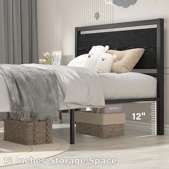 Full Size Bed Frame with Headboard, Industrial Style Full Bed Frame, Bed Frame Full Size with Wooden Footboard, No Box Spring Needed, Noise-Free, Easy Assembly, Black
