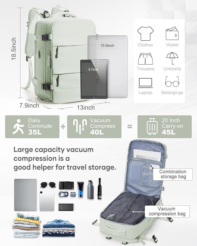 Vacuum Backpack Travel with Electric Vacpack Pump, Vacuum Compression Bags Travel Backpack for Women Men, Flight Approved Waterproof Carry on Backpacks Laptop Weekender Daypack, Large, Light Green