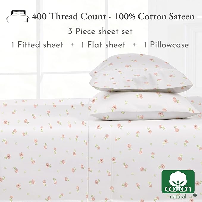 California Design Den Deep Pocket Twin Sheets Set - 400 Thread Count Sateen, Natural 100% Cotton Sheets, and Durable Bedding Set - Soft Floral CaliforniaDesignDen