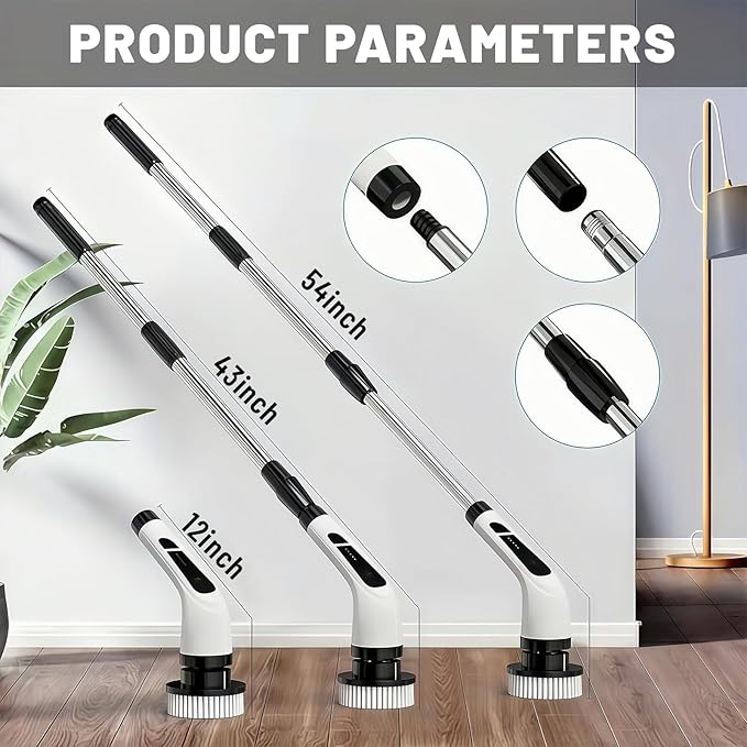 Electric Spin Scrubber- Ditch The Scrubbing! Long Handle Shower Scrubber with 9 Replaceable Heads - 2 Speed Cordless Brush Ensures Long Battery Life, Modern White Design!