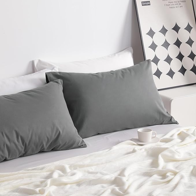Ntbay Queen Size Stone Washed Cotton Pillowcases, 2-Pack Vintage Style Breathable Pillow Cases, 20x30 Inches, Grey