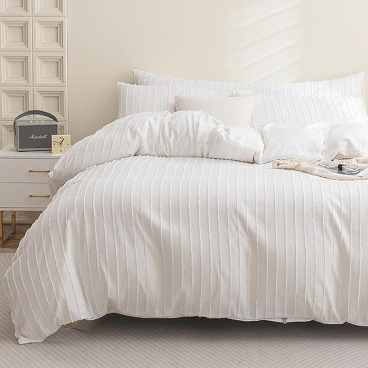 JELLYMONI Duvet Cover Super Queen Size White - 3PCS Boho Striped Duvet Cover Set Polyester Tufted Bohemian Textured Comforter Cover 98×90in with Corner Ties & Zipper and 2 Pillowcases