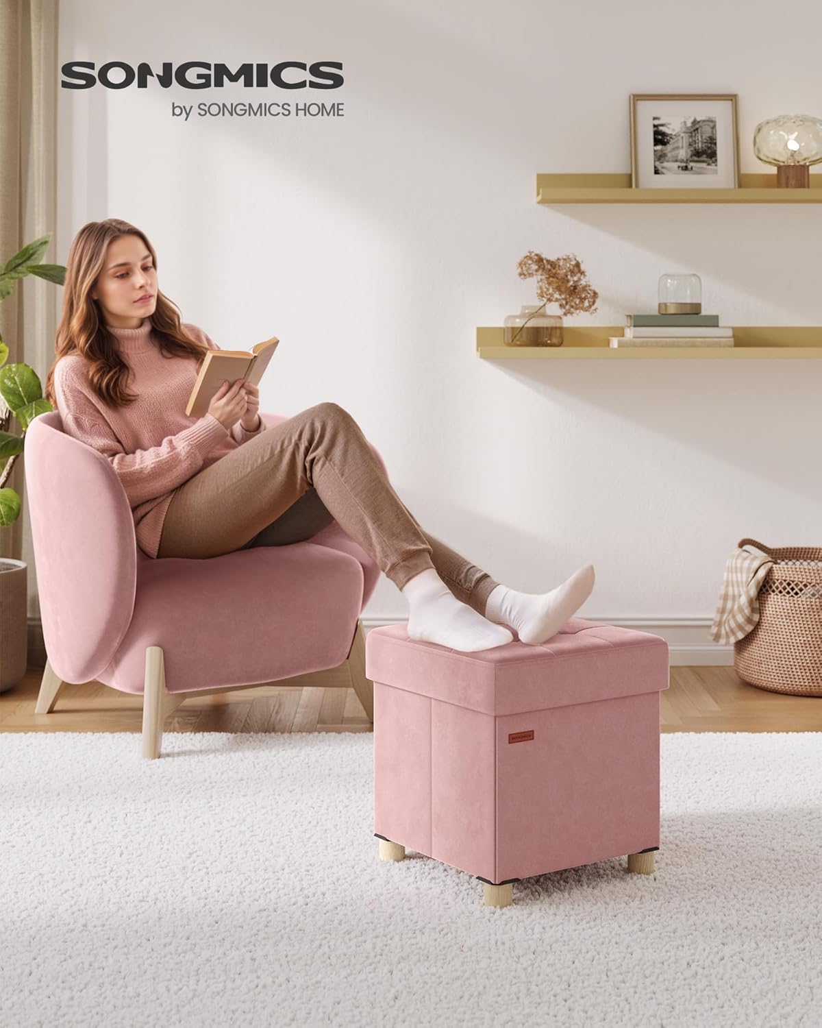 SONGMICS Small Storage Ottoman, Folding Ottoman Cube, 15 x 15 x 15.7 Inches, Footstool, Footrest, 9.8 Gal. (37 L), Velvet Surface, for Bedroom, Living Room, Dorm, Jelly Pink ULSF0516R01