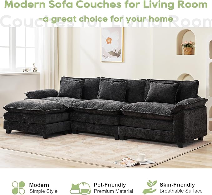 120" Modular Sectional Sofa, Comfy Cloud Couch Sectional Sofa with Ottoman, Chenille Sofa Sleeper Deep Seat Sofa with Throw Pillows for Living Room (Black, 120"- L Shape)