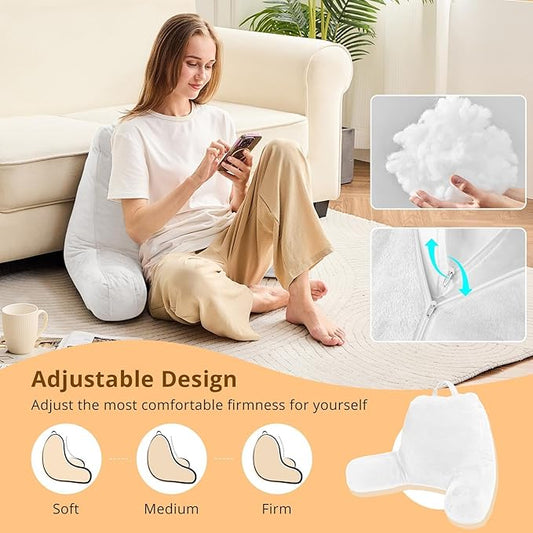 Sasttie Reading Pillow, Velvet Back Pillow for Bed Sitting Up, Adult Back-Rest Support Cushion with Arms for Sit Up on Couch, Sofa, and Floor, Dorm Essentials, Reading Accessories, White