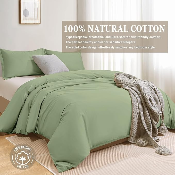 100-Percent Cotton Duvet Cover Set, Hidden Zipper Closure, Ultra Soft, Easy Care and Durable, Simple Bedding Style, Queen, Pastel Green (Comforter Not Included)
