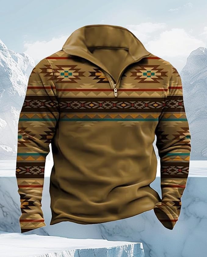 Western Sweatshirts for Men Aztec Cowboy Vintage Graphic Fleece Hoodie Mens Quarter Zip Pullover Country Jacket