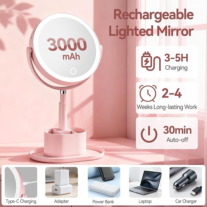Shinowa Makeup Mirror with Lights, 1X/20X Lighted Magnifying Mirror with Storage for Makeup & Jewelry, 2-Sided Height Adjustable Vanity Mirror with 3 Color Lights, 360° Rotation & Rechargeable, Pink