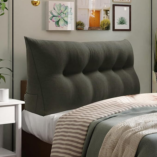WOWMAX 85% Linen 15% Cotton Blend Headboard Pillow – Queen Size Reading Wedge Backrest for Bed, Handmade Firm Support Bolster Cushion with Removable Cover, Premium Bed Rest Pillow, Deep Gray