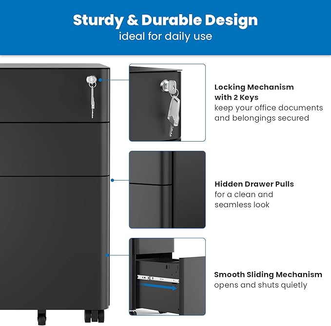 Mount-It! Slim Rolling Under Desk Cabinet, Mobile Filing Cabinet with 3 Drawers and Lock for Home & Office Storage, Black