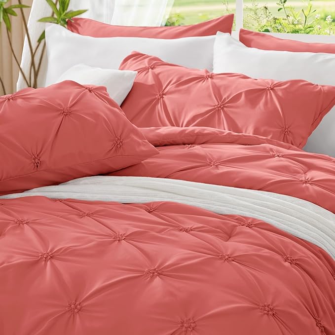 BEDELITE Coral King Size Comforter Set - 3 Pieces Boho Pintuck Bedding Comforter Sets, Lightweight Soft & Warm King Bedding Set with 2 Pillowcases for All Season