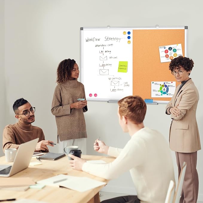 WALGLASS Combination Magnetic Whiteboard & Corkboard, 36"x24" Combo for School, Office & Home, Dry Erase Board with Removable Tray, Pins, Eraser, Markers & Magnets