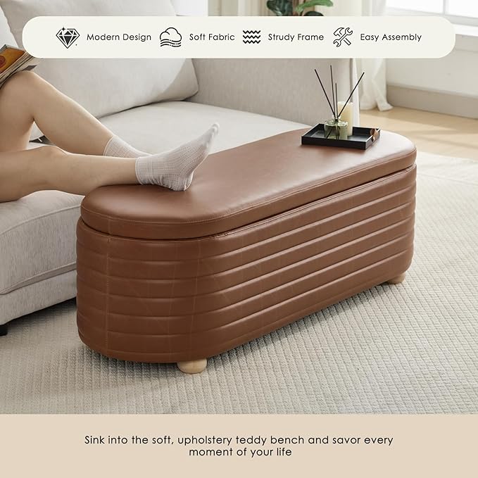 53" Storage Bench PU Leather Ottoman Bench Upholstered Bench End of Bed Stool with Safety Hinge for Bedroom, Living Room, Entryway, Brown