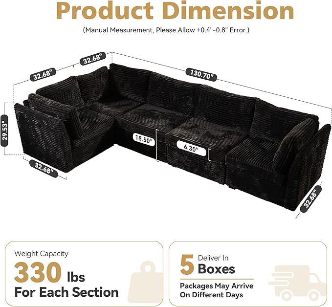Modular Sectional Sofa,5 Pieces Sectional Couches for Living Room,131X65 L Shaped Cloud Couch with Oversized Convertible Modular Couch for Living Room