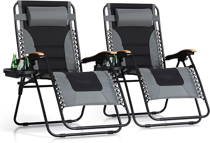 PHI VILLA XXL Oversized Padded Zero Gravity Chair Set of 2, Foldable Patio Recliner, 30" Wide Seat Anti Gravity Lounger with Armrest and Cup Holder, Support 400 LBS (Grey)